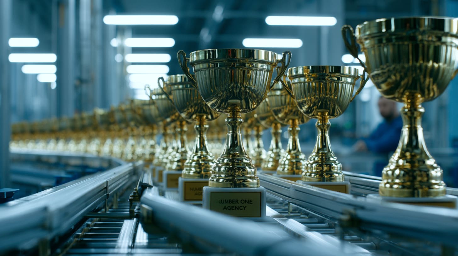 Línea de producción fabricando trofeos idénticos de number one agency